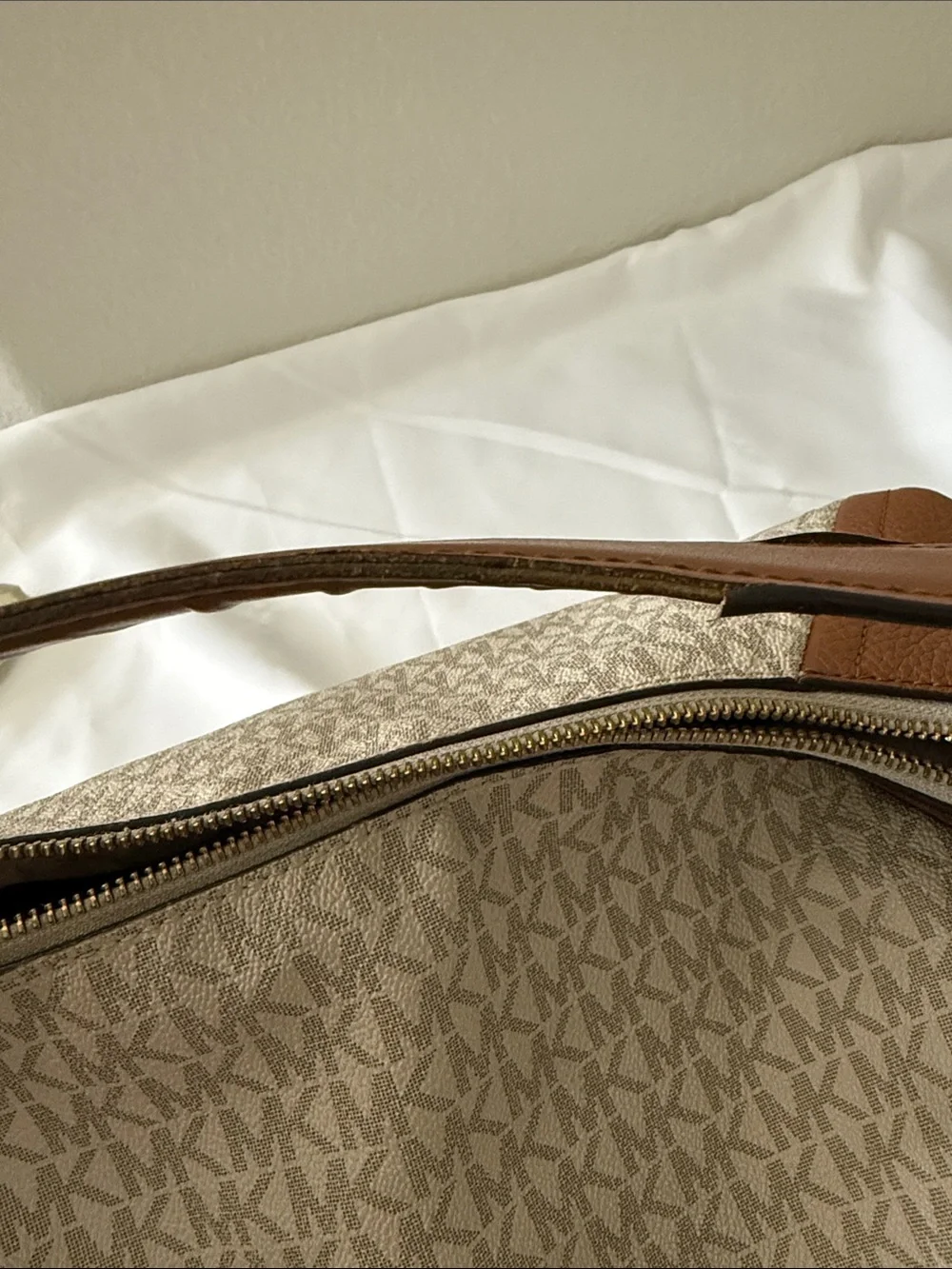 Michael Kors Cream Signature Canvas Hobo with Tan Leather Trim